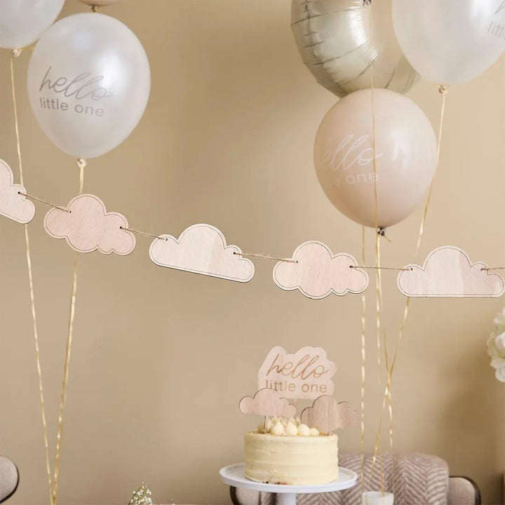 Wooden Cloud Garland - Neutral Baby Shower Decorations - Natural Wood Bunting - Boho Nursery Decor - A Little Dream Collection - 2m - Jolie Fete UK