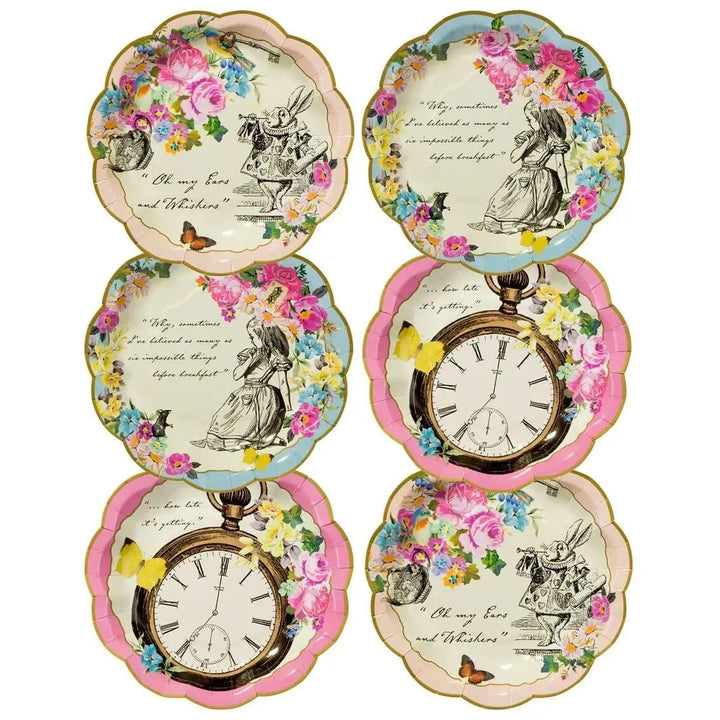 Alice in Wonderland Dainty Plates - Mad Hatter Party Paper Plates - Wonderland Wedding Decorations - White Rabbit - 3 Designs - Pack of 12 - Jolie Fete UK