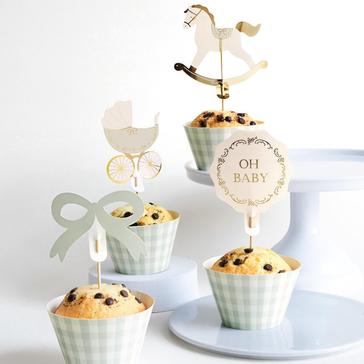 Baby Shower Cupcake Topper Set - Sage Green Oh Baby, Bows, Rocking Horse & Pram Cake Decorations - Muffin Cases - Neutral Party Supplies -x6 - Jolie Fete UK