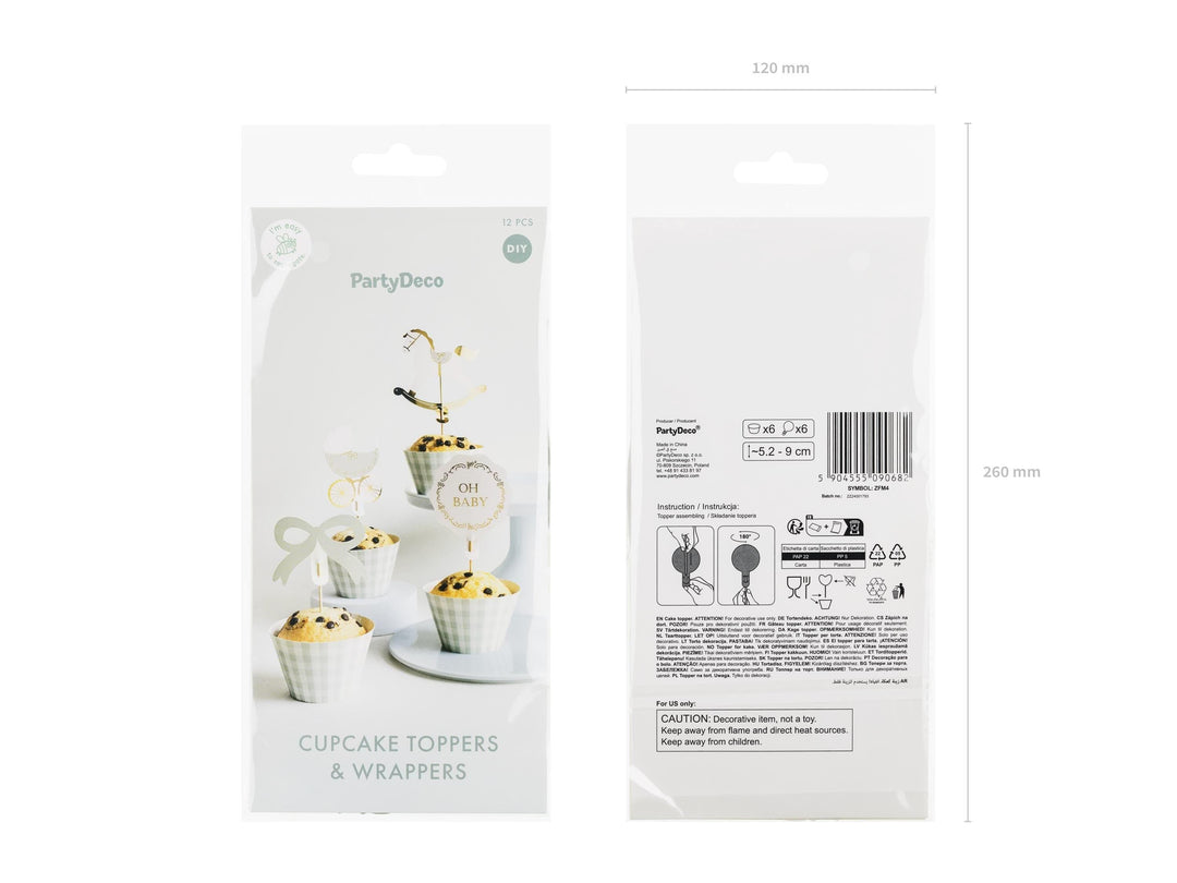 Baby Shower Cupcake Topper Set - Sage Green Oh Baby, Bows, Rocking Horse & Pram Cake Decorations - Muffin Cases - Neutral Party Supplies -x6 - Jolie Fete UK