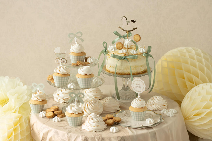 Baby Shower Cupcake Topper Set - Sage Green Oh Baby, Bows, Rocking Horse & Pram Cake Decorations - Muffin Cases - Neutral Party Supplies -x6 - Jolie Fete UK