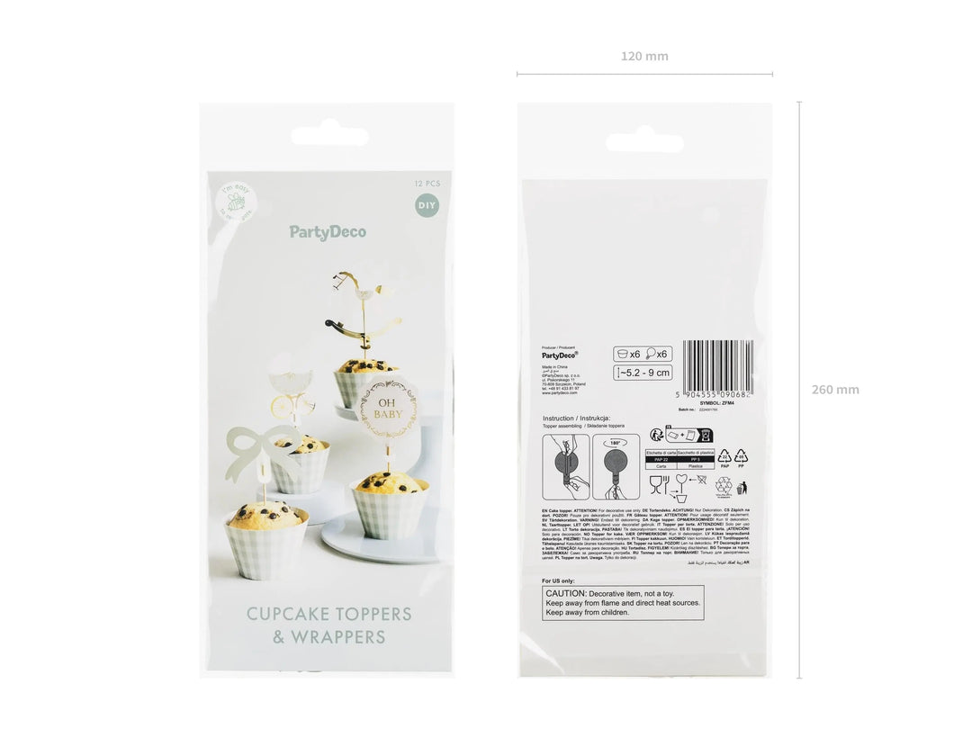 Baby Shower Cupcake Topper Set - Sage Green Oh Baby, Bows, Rocking Horse & Pram Cake Decorations - Muffin Cases - Neutral Party Supplies -x6 - Jolie Fete UK