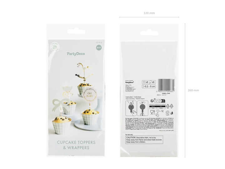 Baby Shower Cupcake Topper Set - Sage Green Oh Baby, Bows, Rocking Horse & Pram Cake Decorations - Muffin Cases - Neutral Party Supplies -x6 - Jolie Fete UK