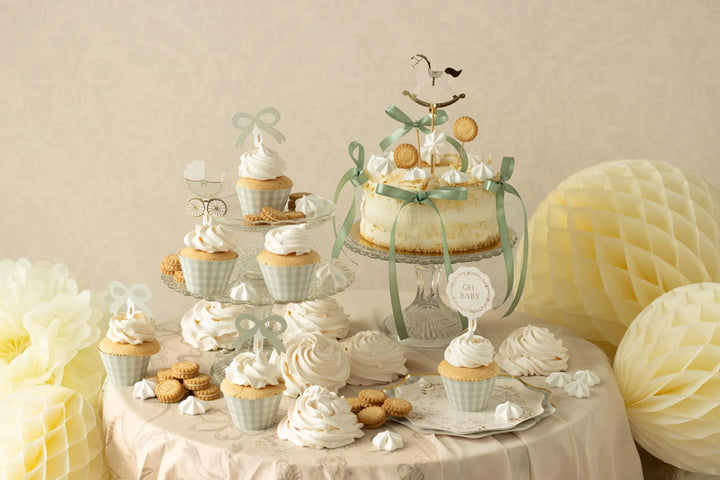 Baby Shower Cupcake Topper Set - Sage Green Oh Baby, Bows, Rocking Horse & Pram Cake Decorations - Muffin Cases - Neutral Party Supplies -x6 - Jolie Fete UK