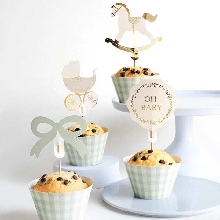 Baby Shower Cupcake Topper Set - Sage Green Oh Baby, Bows, Rocking Horse & Pram Cake Decorations - Muffin Cases - Neutral Party Supplies -x6 - Jolie Fete UK