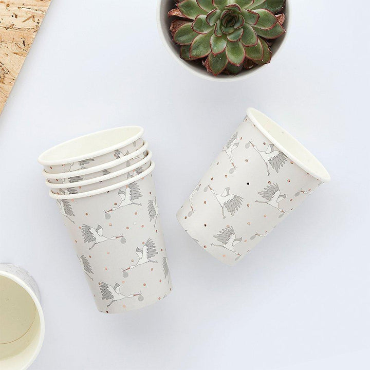 Baby Shower Paper Cups - Stork & Polka Dot Party Tableware - Gender Neutral Grey And Rose Gold - Pack Of 10 - Jolie Fete UK