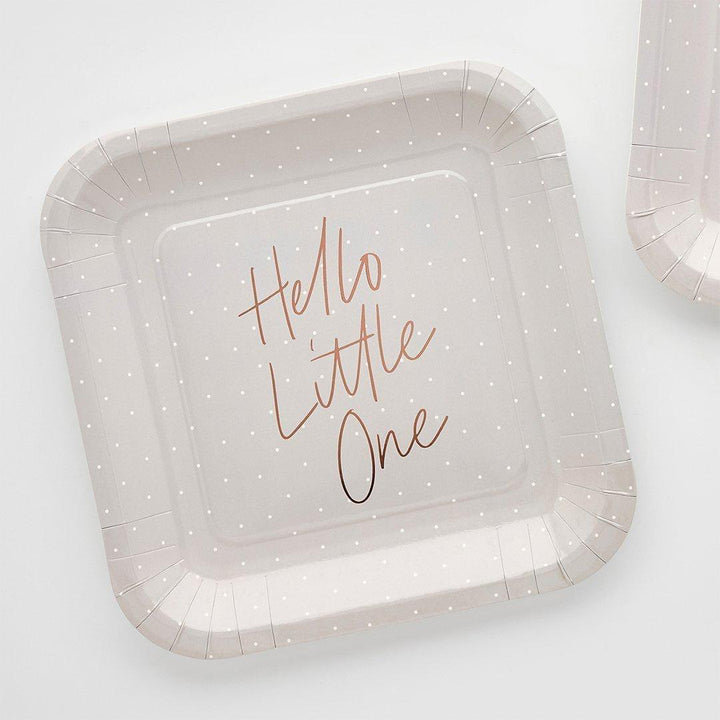 Baby Shower Paper Plates - Hello Little One - Rose Gold Foil Square Plates - Gender Neutral Party Tableware - Grey & White Decor - Pack Of 8 - Jolie Fete UK