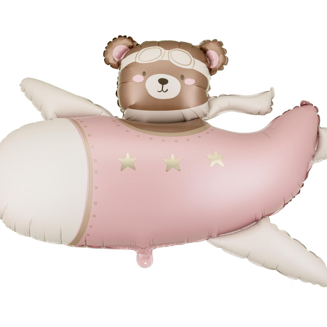Bear In Aeroplane Foil Balloon - 1st Birthday Plane Decoration - Pink & Cream Teddy Pilot - Large 37" - Baby Shower Balloon-New Baby Balloon - Jolie Fete UK