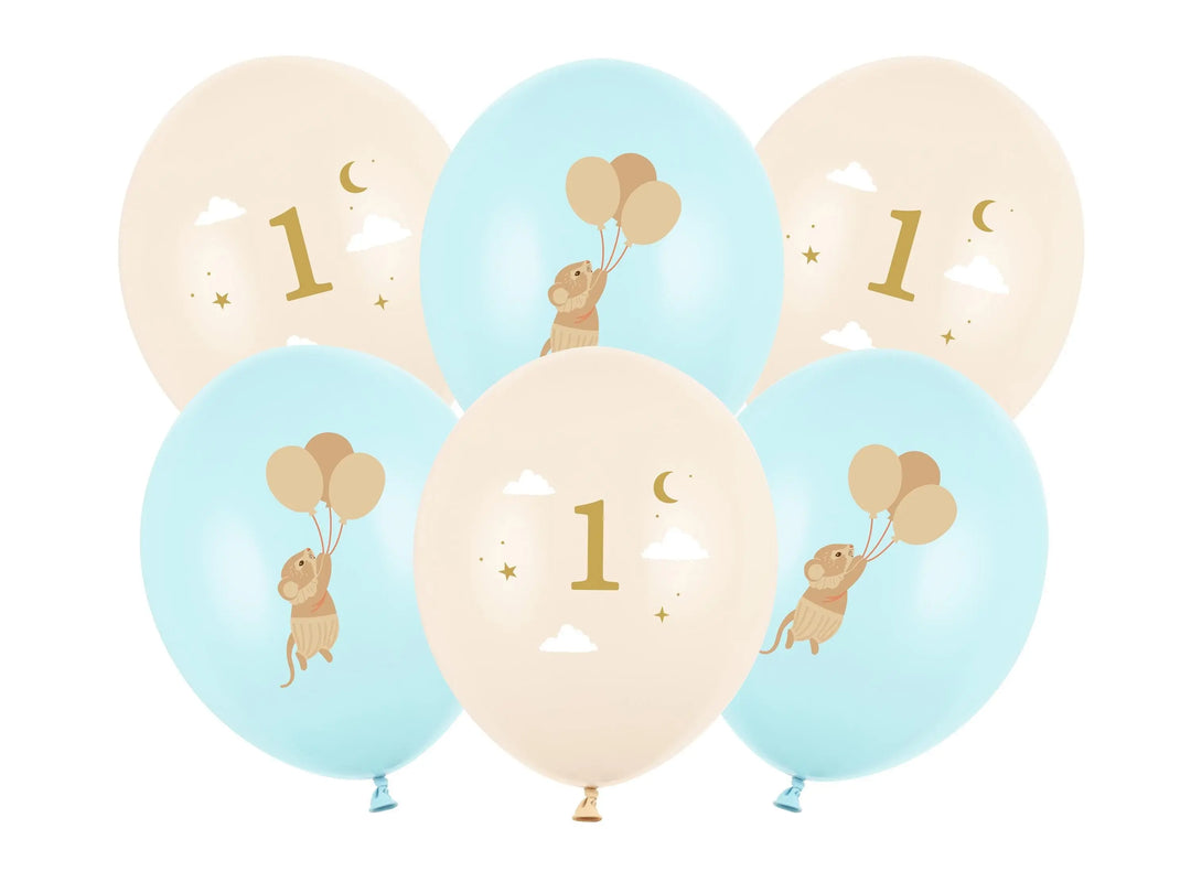 Mice 1st Birthday Balloons - Pastel Blue and Beige Balloon Bundle - Storybook Party - Neutral Milestone - One Little Mouse - Pack Of 6 - Jolie Fete UK