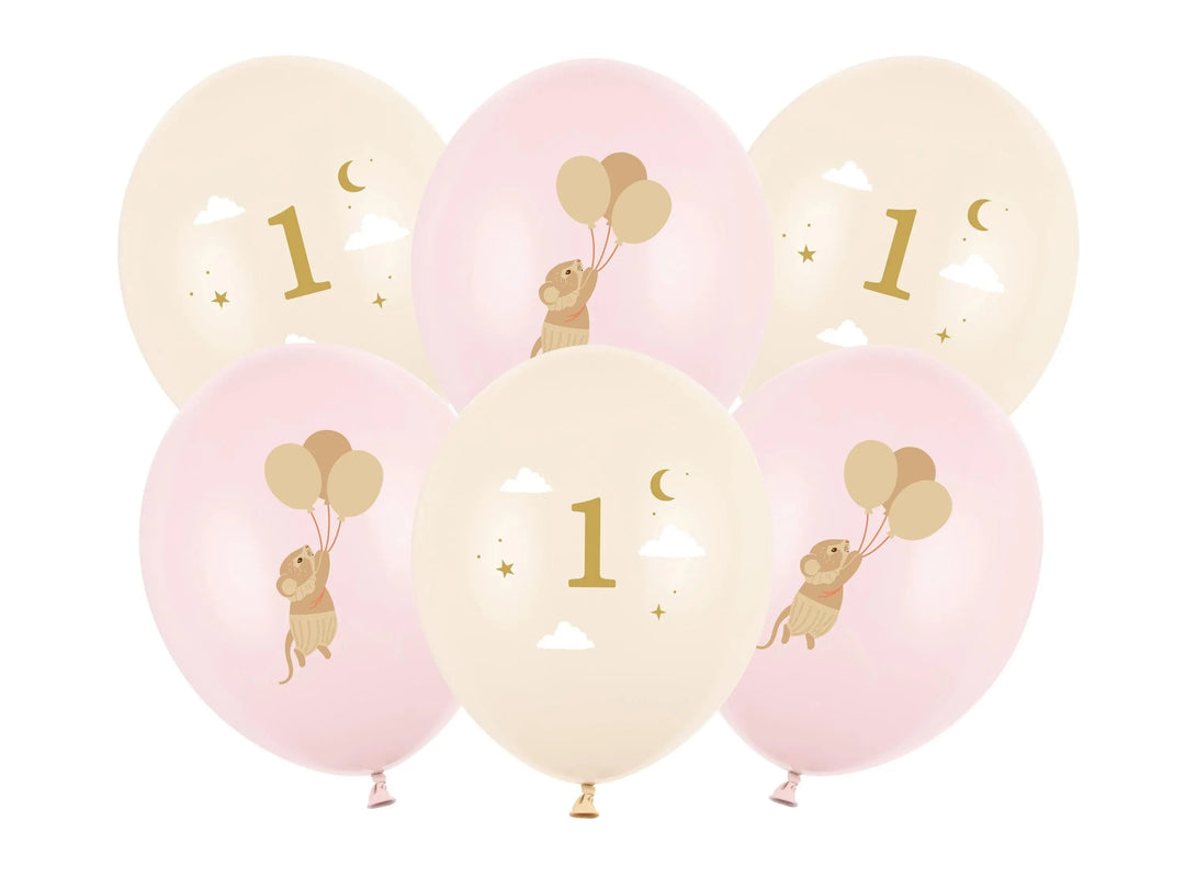 Mice 1st Birthday Balloons - Pastel Pink and Beige Balloon Cluster - Whimsical Party Decor - Neutral Milestone - One Little Mouse -Pack Of 6 - Jolie Fete UK