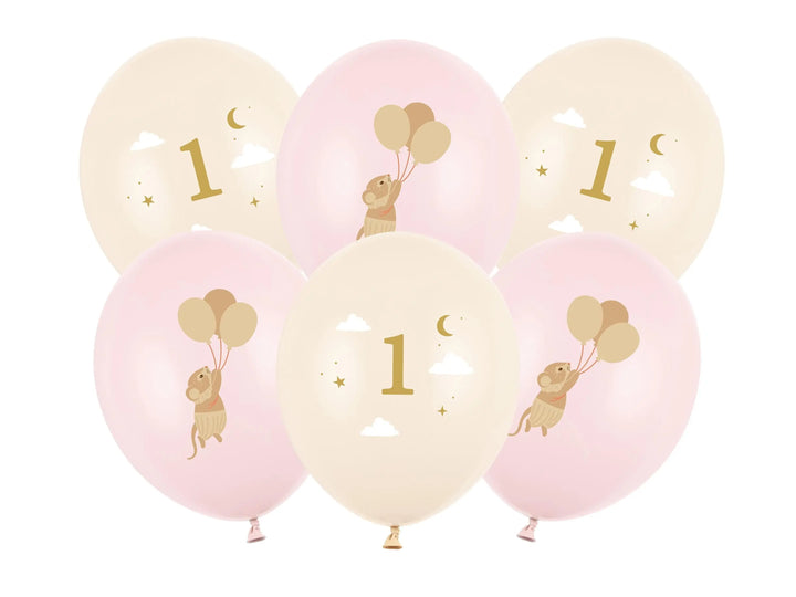 Mice 1st Birthday Balloons - Pastel Pink and Beige Balloon Cluster - Whimsical Party Decor - Neutral Milestone - One Little Mouse -Pack Of 6 - Jolie Fete UK