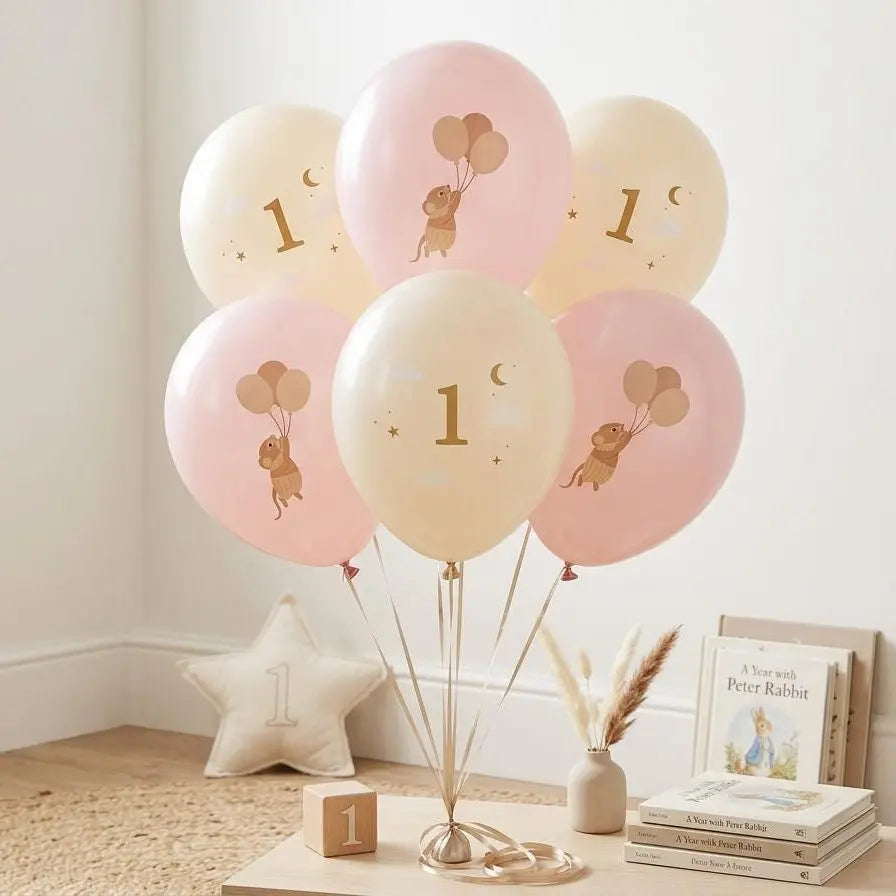 Mice 1st Birthday Balloons - Pastel Pink and Beige Balloon Cluster - Whimsical Party Decor - Neutral Milestone - One Little Mouse -Pack Of 6 - Jolie Fete UK