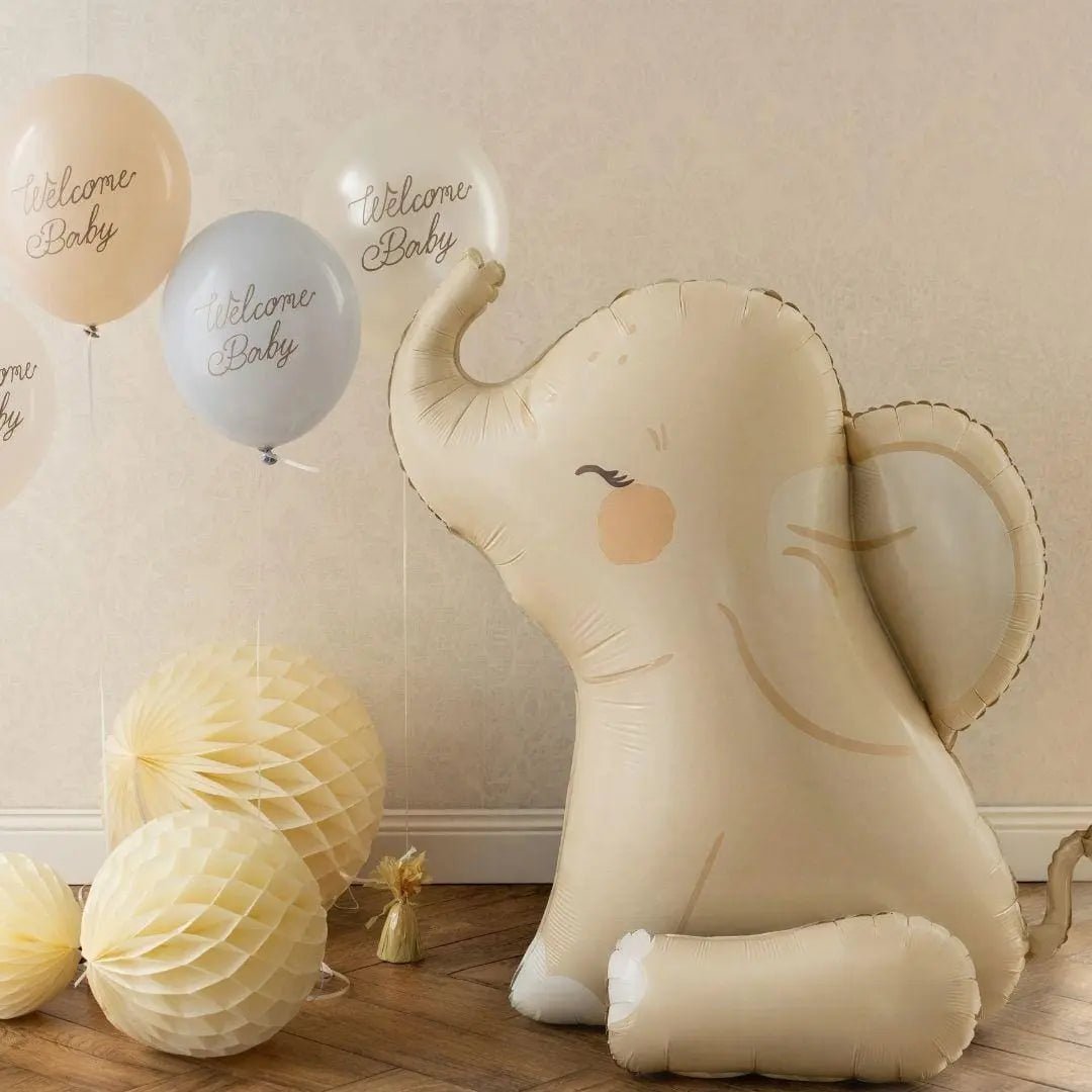 Baby Elephant Balloon - Neutral Baby Shower Decorations - Safari Animal Foil Balloon - Beige Gender Neutral Party Decor - Jolie Fete UK