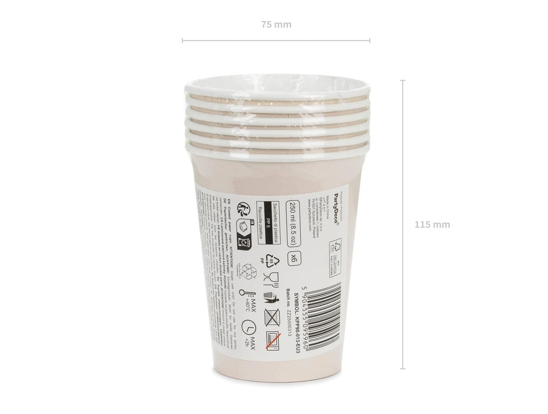 Beige Paper Cups 250ml - Neutral Disposable Party Drinkware - Minimalist Boho Birthday Supplies - Baby Shower - Earth Tone Cups - Pack of 6 - Jolie Fete UK