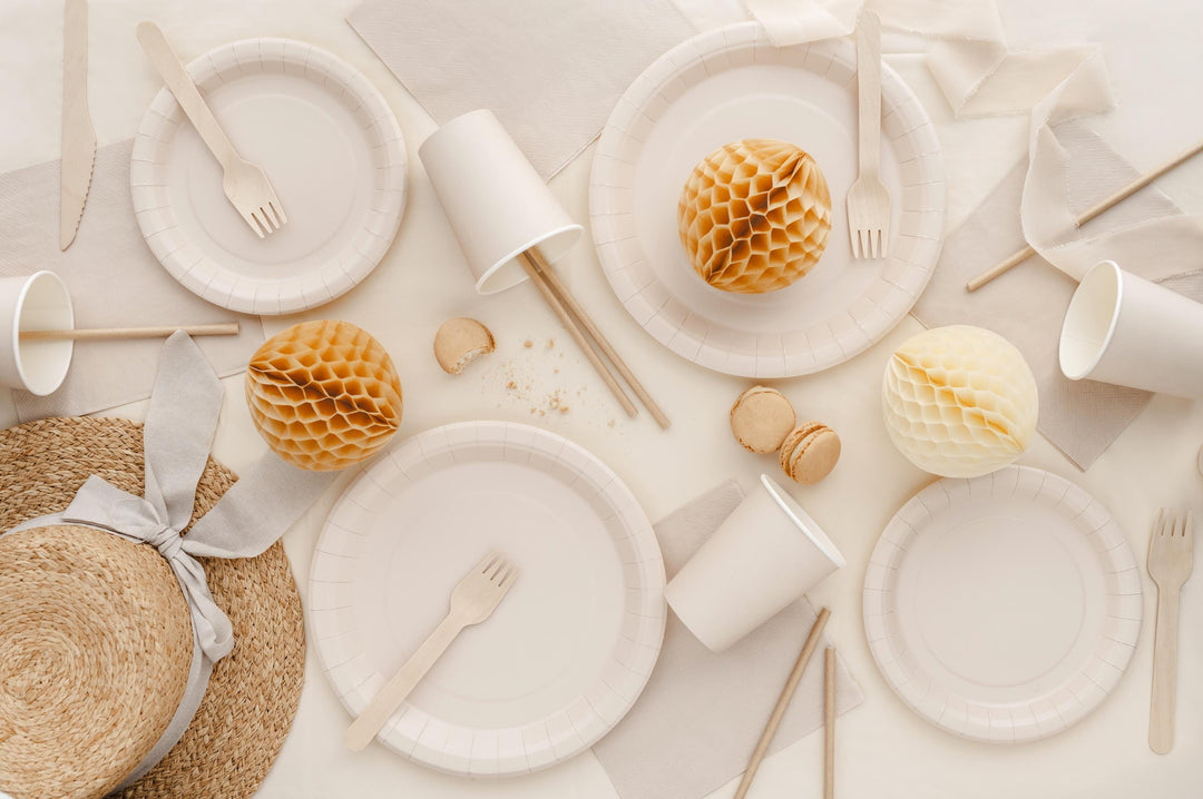 Beige Paper Plates 18cm - Cream Small Party Plates - Dessert Plates - Kids Birthday - Baby Shower Tableware - Pack of 6 - Jolie Fete UK