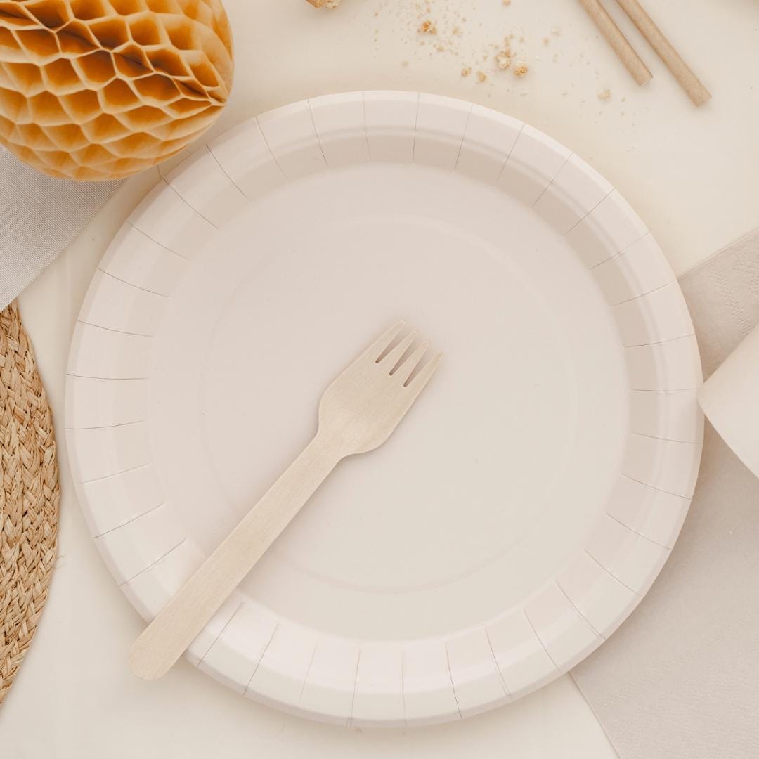 Beige Paper Plates - Round Neutral Party Tableware - 23cm - Neutral Baby Shower Plates - Minimalist Birthday Decor - Pack of 6 - Jolie Fete UK