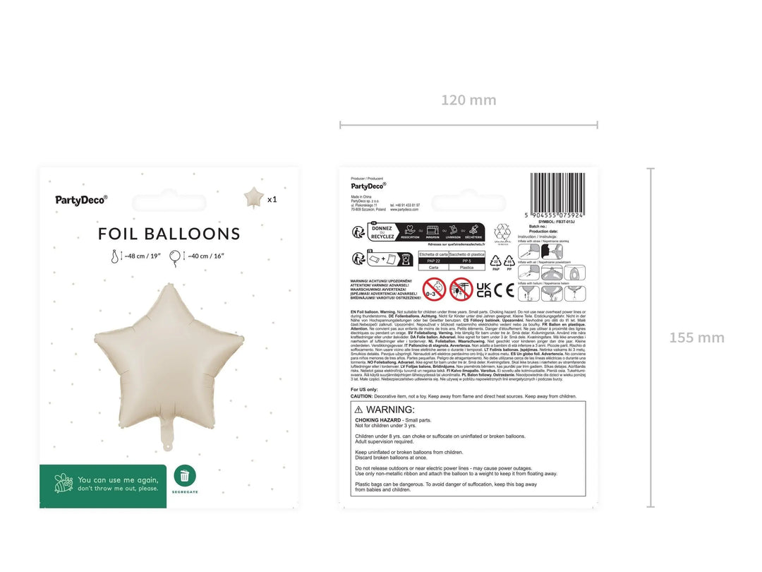 Beige Star Foil Balloon 48cm - Matt Beige Mylar Star Balloon - Twinkle Twinkle Birthday Decor - Baby Shower - Anniversary Party Supplies - Jolie Fete UK