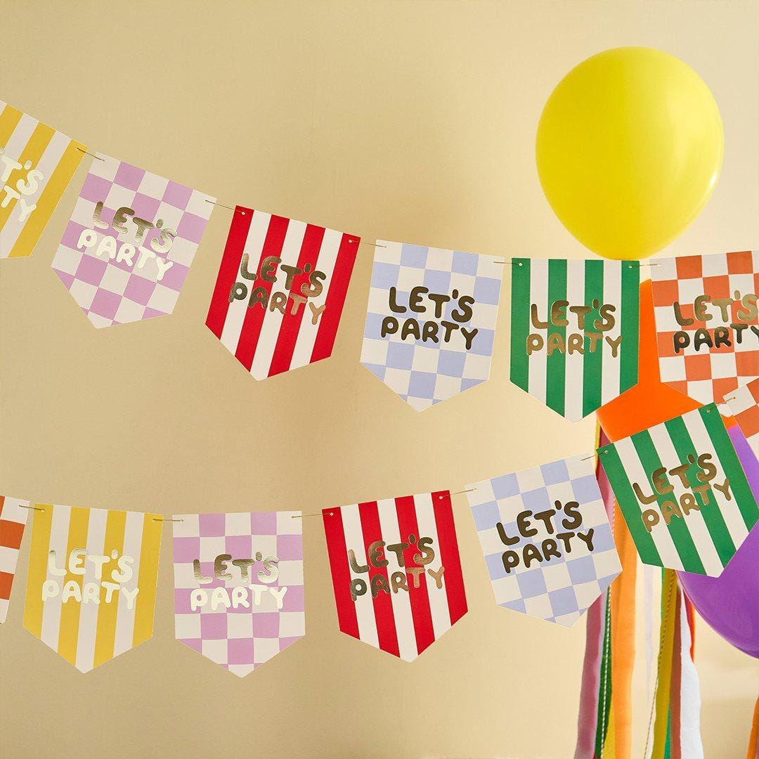 Birthday Party Bunting - Lets Party Rainbow Flag Garland - Colourful Birthday Decorations - Kids Party Pennant Banner - Bright Hanging Decor - Jolie Fete UK