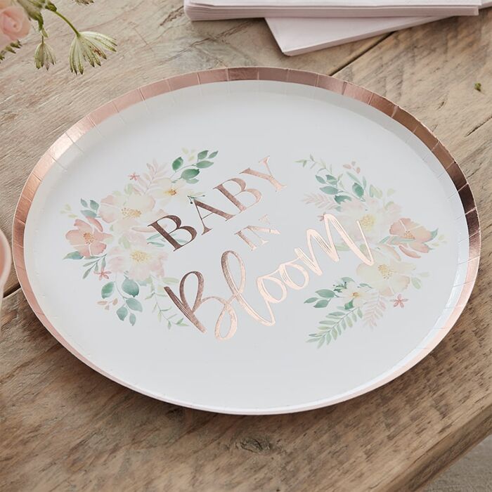 Rose Gold Baby In Bloom Baby Shower Plates - Pack of 8