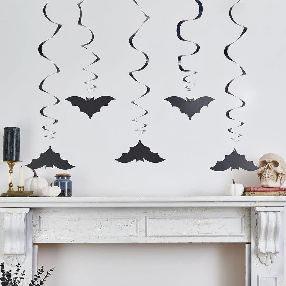 Black Bat Swirl Decorations - Halloween Ceiling Decorations - Hanging Black Bats Halloween Party Decorations-Creepy Chic Halloween-Pack Of 5 - Jolie Fete UK