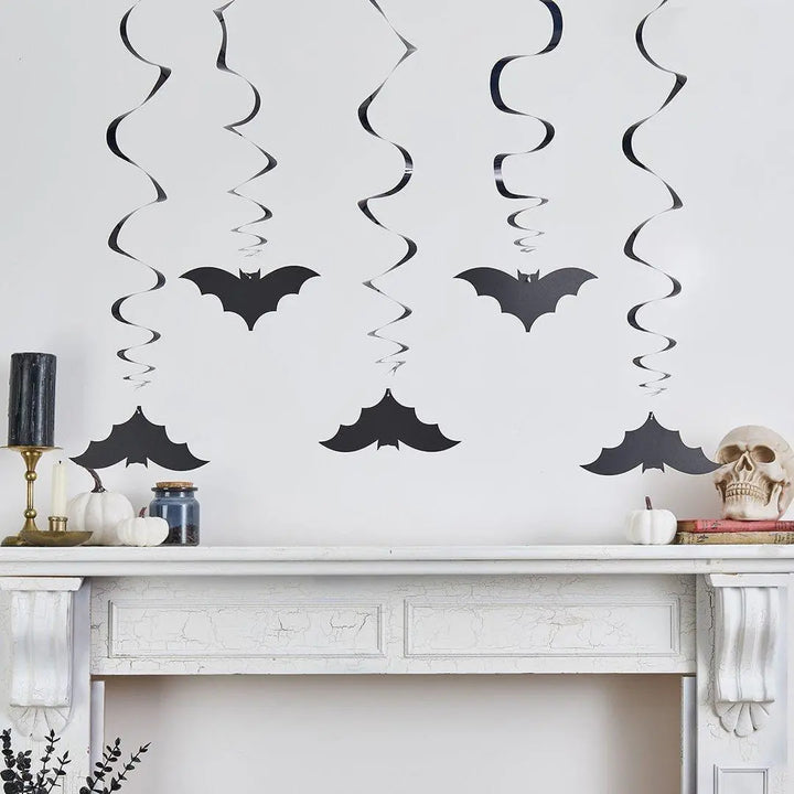 Black Bat Swirl Decorations - Halloween Ceiling Decorations - Hanging Black Bats Halloween Party Decorations-Creepy Chic Halloween-Pack Of 5 - Jolie Fete UK