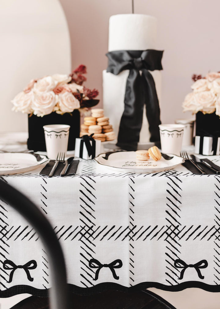 Black Bow Tablecloth - Cream & Black Disposable Table Cover - 180cm x 120cm - Elegant Coquette Style - Monochrome Birthday Party Decor - Jolie Fete UK
