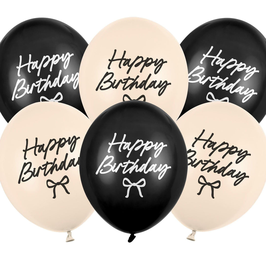 Happy Birthday Latex Balloons - Black & Cream Bow Balloons - Coquette Theme Birthday Decor-Elegant 12" Birthday Party Balloon-Helium Or Air - Jolie Fete UK