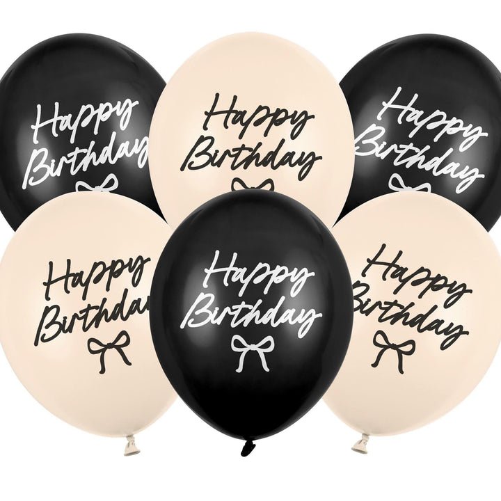 Happy Birthday Latex Balloons - Black & Cream Bow Balloons - Coquette Theme Birthday Decor-Elegant 12" Birthday Party Balloon-Helium Or Air - Jolie Fete UK