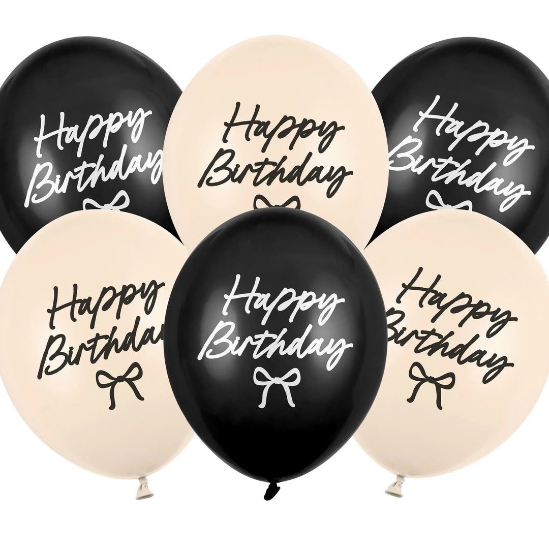 Happy Birthday Latex Balloons - Black & Cream Bow Balloons - Coquette Theme Birthday Decor-Elegant 12" Birthday Party Balloon-Helium Or Air - Jolie Fete UK