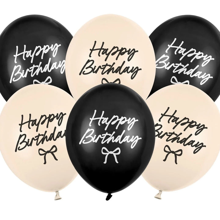 Happy Birthday Latex Balloons - Black & Cream Bow Balloons - Coquette Theme Birthday Decor-Elegant 12" Birthday Party Balloon-Helium Or Air - Jolie Fete UK