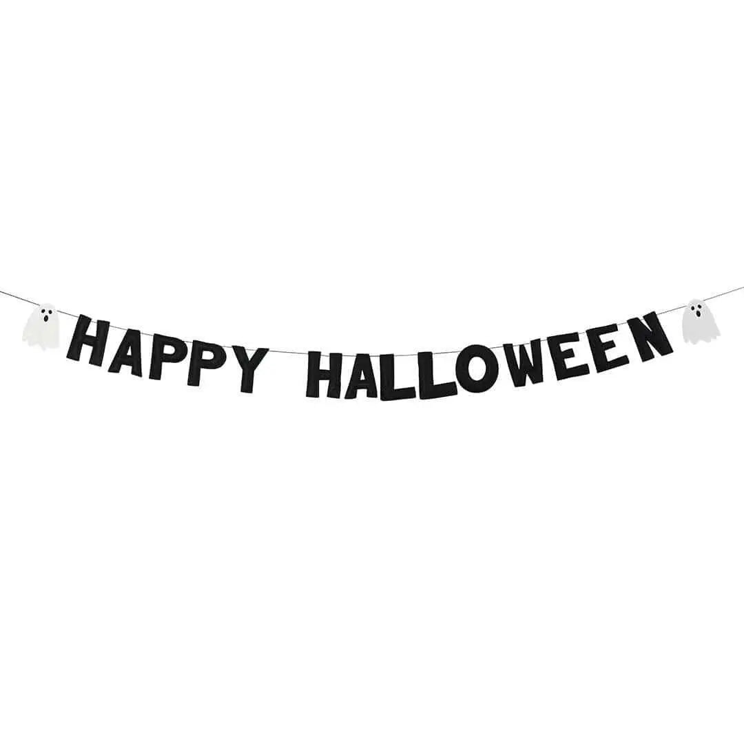 Happy Halloween Banner - Black Felt Happy Halloween Bunting With White Ghosts - Halloween Party Decorations - Retro Halloween - Reusable -2m - Jolie Fete UK