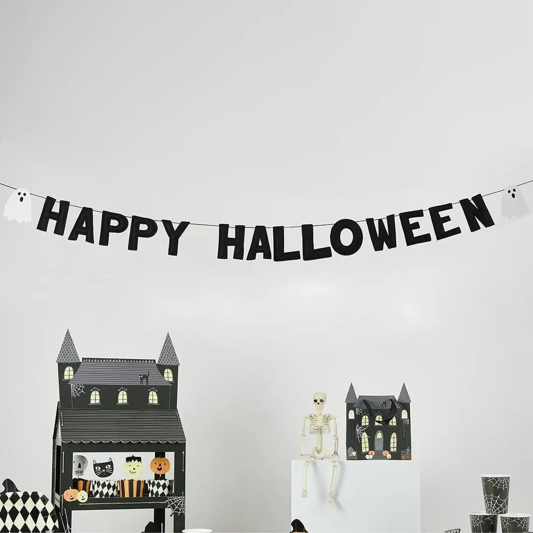 Happy Halloween Banner - Black Felt Happy Halloween Bunting With White Ghosts - Halloween Party Decorations - Retro Halloween - Reusable -2m - Jolie Fete UK