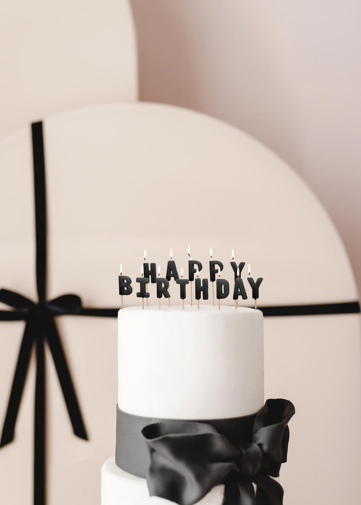 Black Happy Birthday Cake Candles - Black Cake Decorations - Plain Black Birthday Party Decor - Modern Monochrome Birthday-13 Letter Candles - Jolie Fete UK