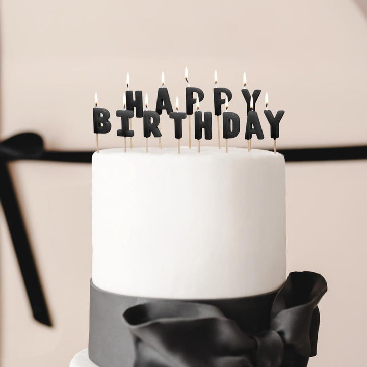 Black Happy Birthday Cake Candles - Black Cake Decorations - Plain Black Birthday Party Decor - Modern Monochrome Birthday-13 Letter Candles - Jolie Fete UK