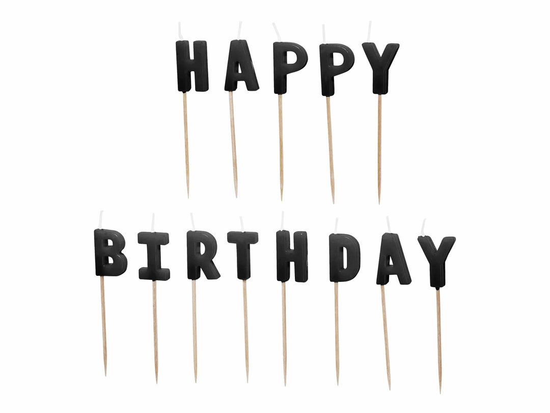 Black Happy Birthday Cake Candles - Black Cake Decorations - Plain Black Birthday Party Decor - Modern Monochrome Birthday-13 Letter Candles - Jolie Fete UK