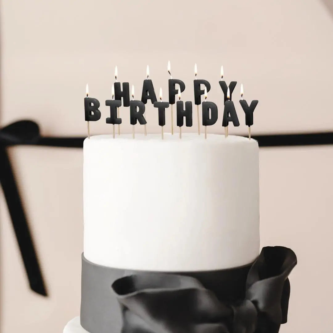 Black Happy Birthday Cake Candles - Black Cake Decorations - Plain Black Birthday Party Decor - Modern Monochrome Birthday-13 Letter Candles - Jolie Fete UK