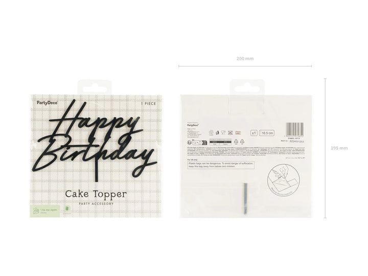 Black Happy Birthday Cake Topper – Birthday Party Cake Decoration - Birthday Sign For All Ages - Chic Monochrome Party Accessory - Jolie Fete UK