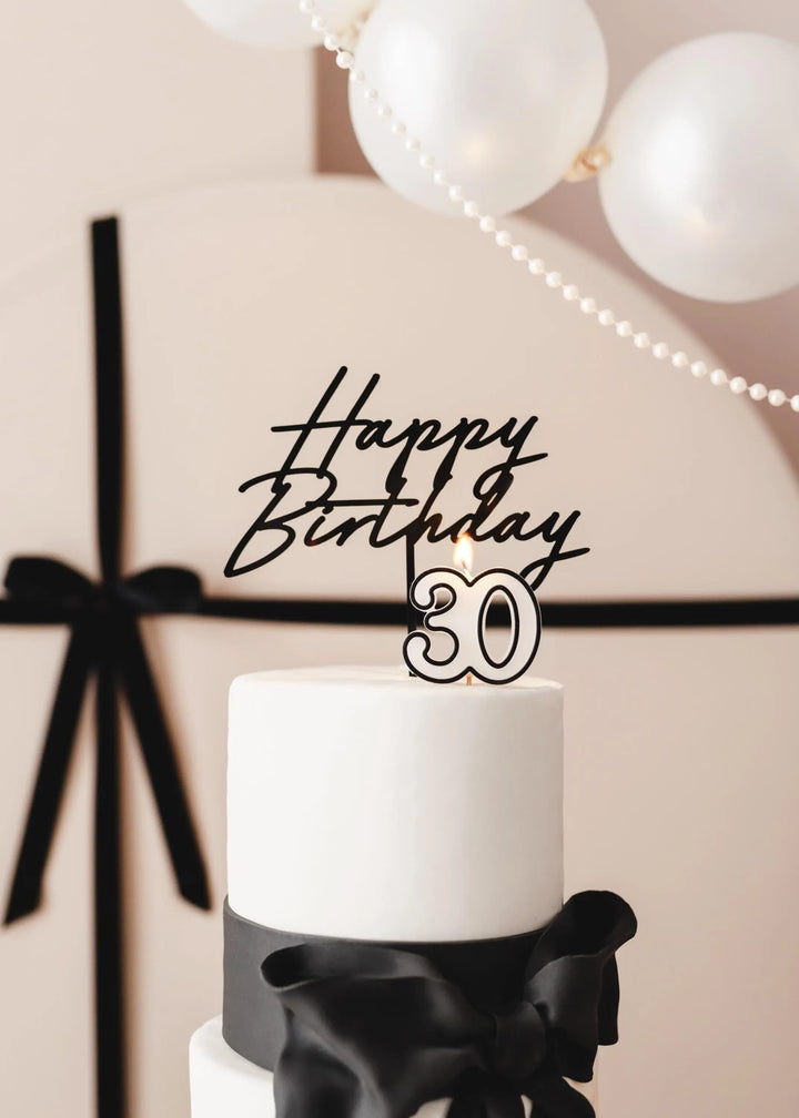 Black Happy Birthday Cake Topper – Birthday Party Cake Decoration - Birthday Sign For All Ages - Chic Monochrome Party Accessory - Jolie Fete UK