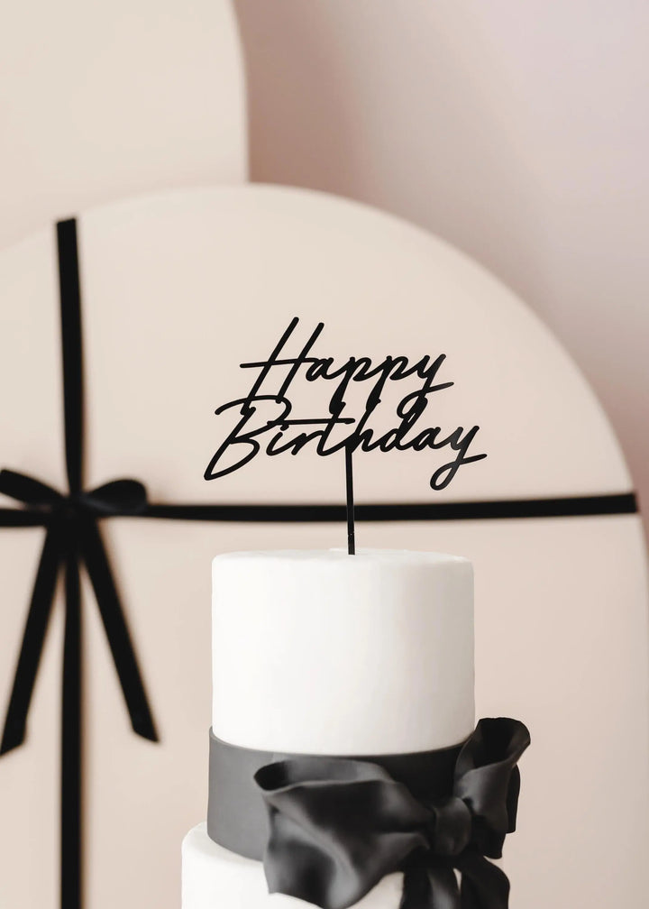 Black Happy Birthday Cake Topper – Birthday Party Cake Decoration - Birthday Sign For All Ages - Chic Monochrome Party Accessory - Jolie Fete UK