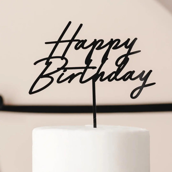Black Happy Birthday Cake Topper – Birthday Party Cake Decoration - Birthday Sign For All Ages - Chic Monochrome Party Accessory - Jolie Fete UK
