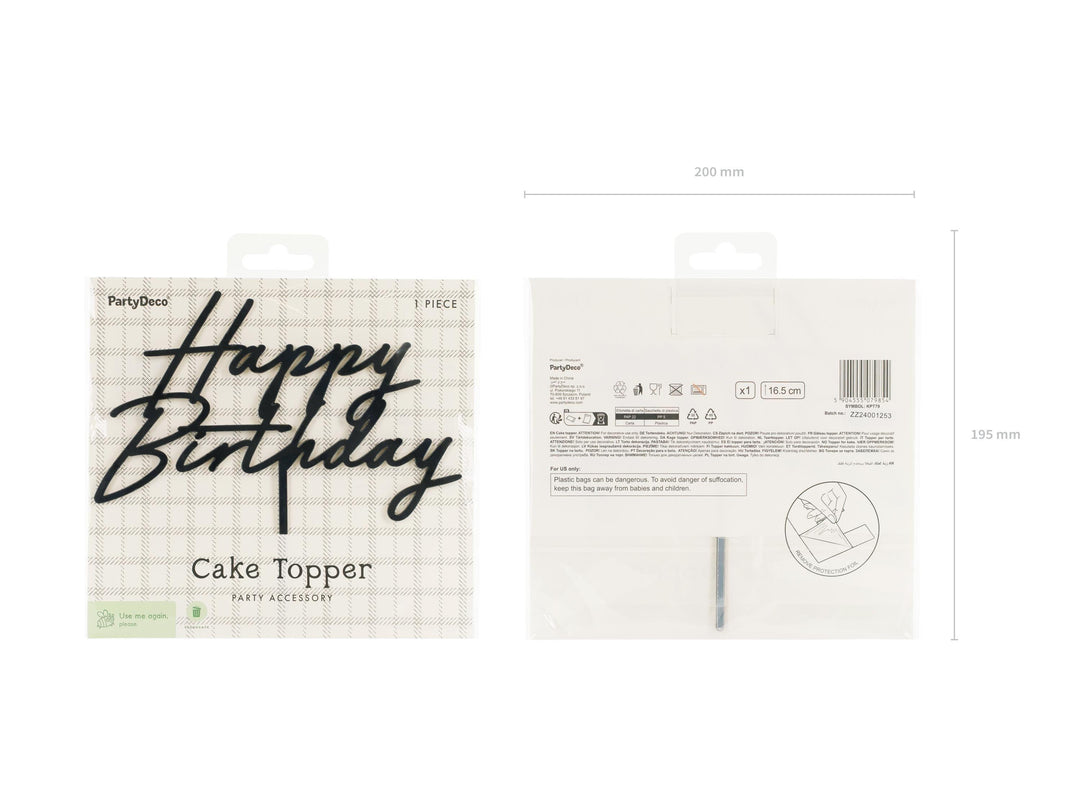 Black Happy Birthday Cake Topper – Birthday Party Cake Decoration - Birthday Sign For All Ages - Chic Monochrome Party Accessory - Jolie Fete UK