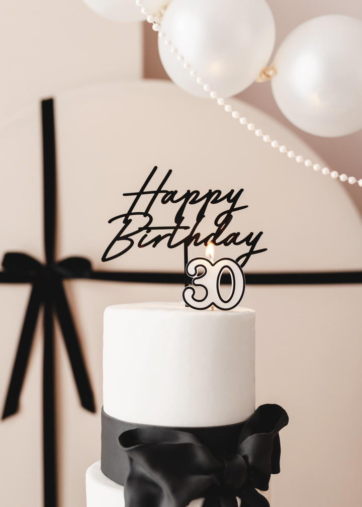 Black Happy Birthday Cake Topper – Birthday Party Cake Decoration - Birthday Sign For All Ages - Chic Monochrome Party Accessory - Jolie Fete UK