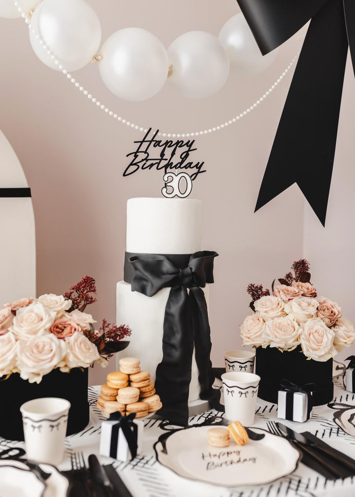 Black Happy Birthday Cake Topper – Birthday Party Cake Decoration - Birthday Sign For All Ages - Chic Monochrome Party Accessory - Jolie Fete UK