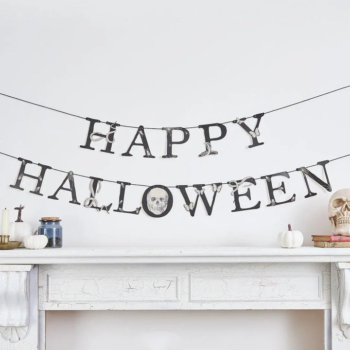 Halloween Banner - Black Happy Halloween Bunting - Banner With Skull, Snakes, Spiders - Halloween Party Decorations - Creepy Halloween - 2m - Jolie Fete UK