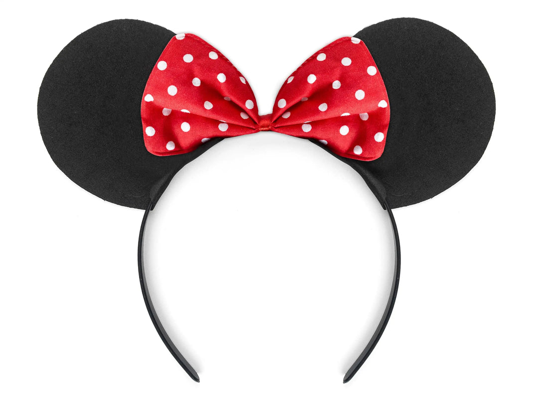 Black Mouse Ears Headband - Red Polka Dot Bow Hair Accessory - Classic Dressing Up Ears - Great Value Party Favour-Magical Holiday Headpiece - Jolie Fete UK
