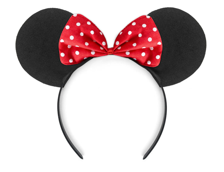 Black Mouse Ears Headband - Red Polka Dot Bow Hair Accessory - Classic Dressing Up Ears - Great Value Party Favour-Magical Holiday Headpiece - Jolie Fete UK
