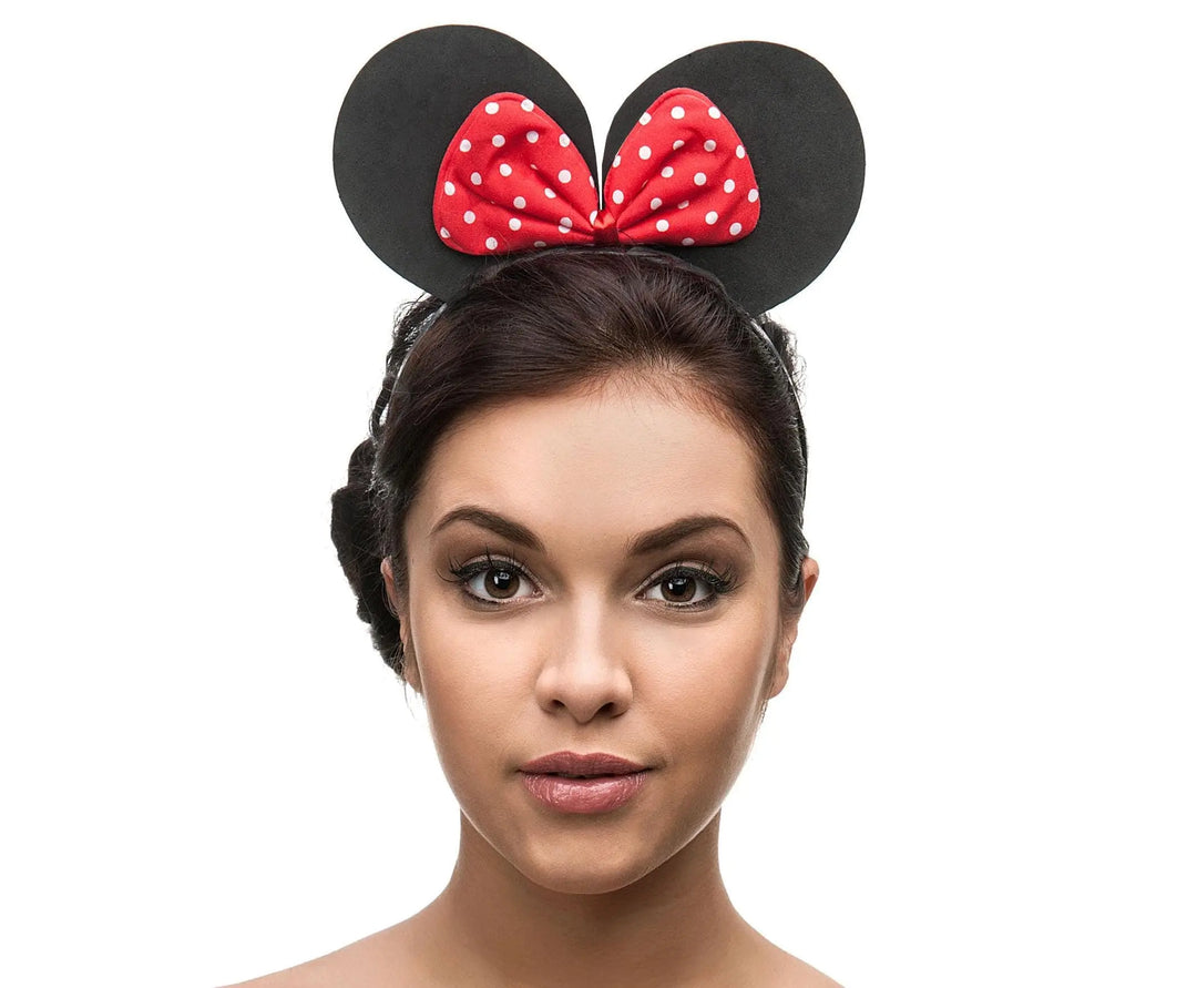 Black Mouse Ears Headband - Red Polka Dot Bow Hair Accessory - Classic Dressing Up Ears - Great Value Party Favour-Magical Holiday Headpiece - Jolie Fete UK