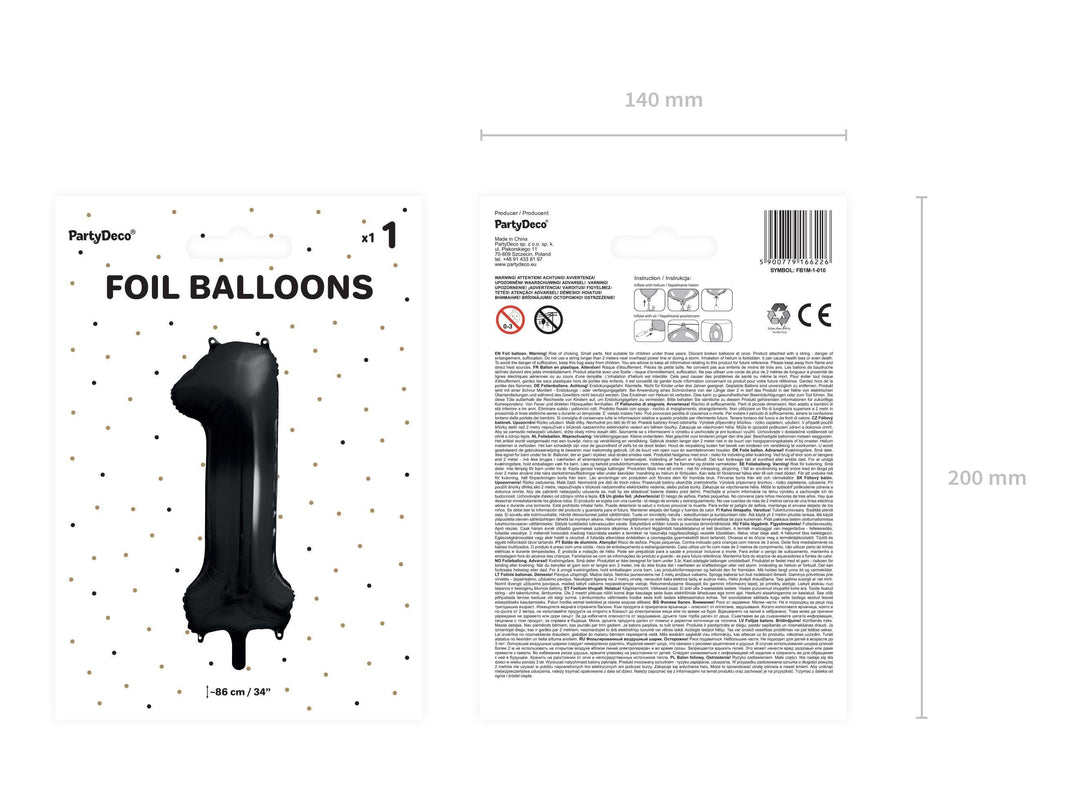 Black Number 1 Balloon 86cm / 34" - Large Matt Black Foil Mylar Digit - 21st Birthday Balloon - 1st - Anniversary Party Supplies - Jolie Fete UK