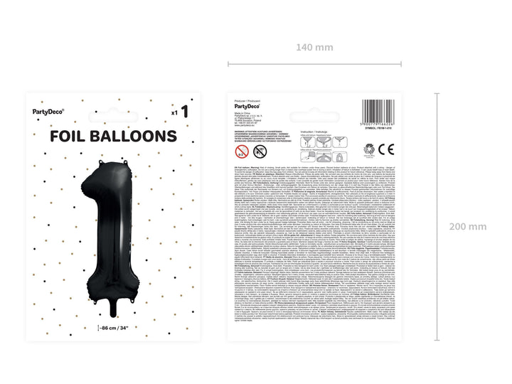 Black Number 1 Balloon 86cm / 34" - Large Matt Black Foil Mylar Digit - 21st Birthday Balloon - 1st - Anniversary Party Supplies - Jolie Fete UK