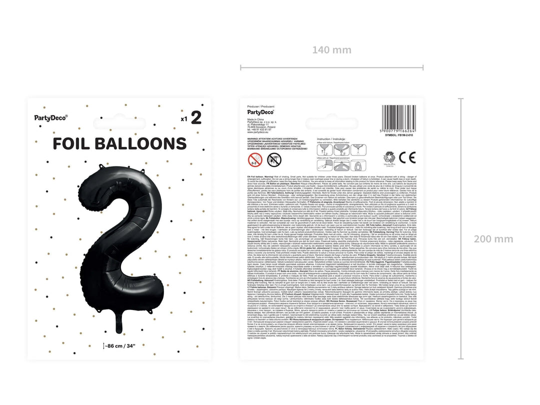 Black Number 2 Balloon 86cm / 34" - Large Matt Black Foil Mylar Digit - 21st Birthday Balloon - 2nd - Anniversary Party Supplies - Jolie Fete UK